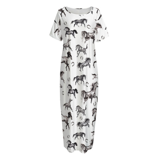 Watercolor Horse Pattern Print Short Sleeve Long Nightdress