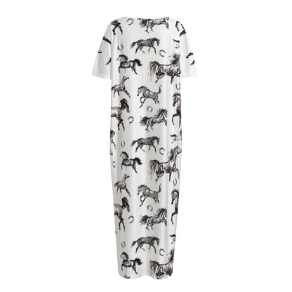 Watercolor Horse Pattern Print Short Sleeve Long Nightdress