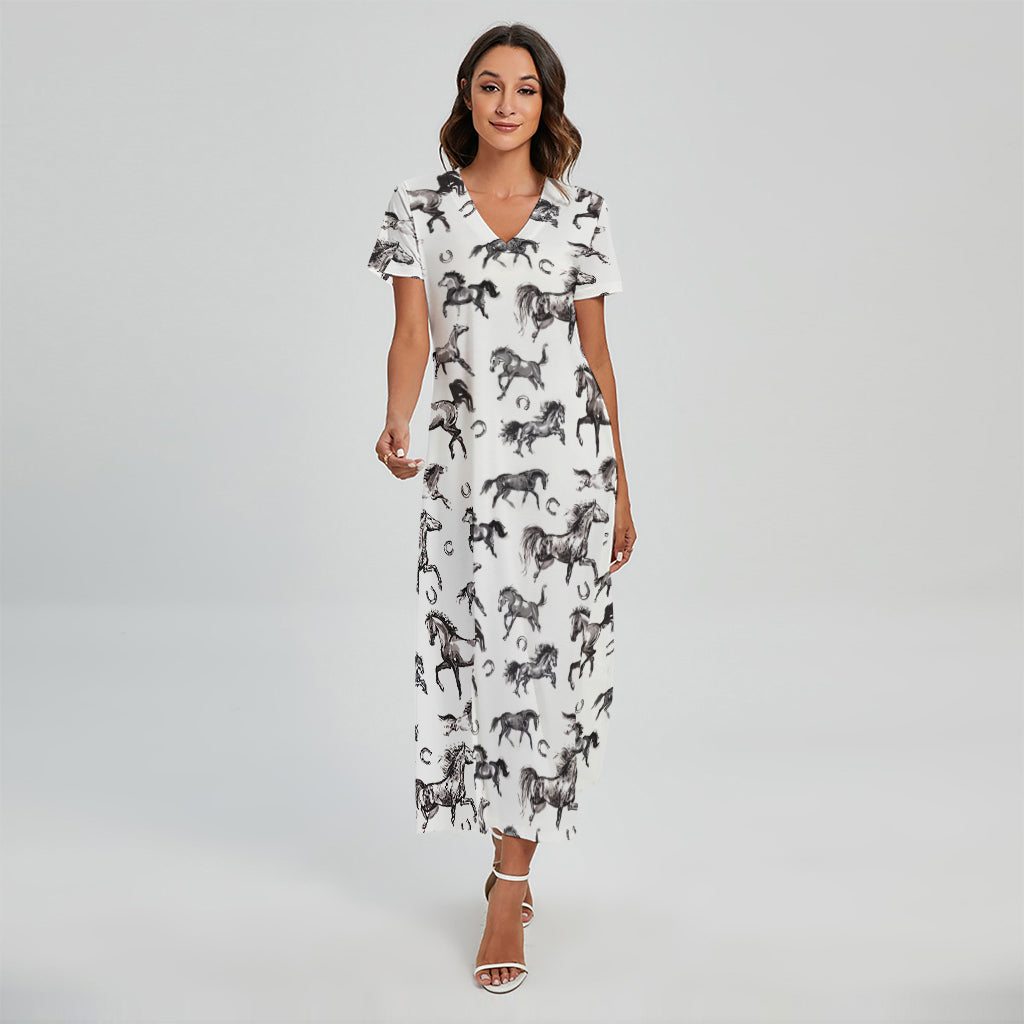 Watercolor Horse Pattern Print Short Sleeve Maxi Dress