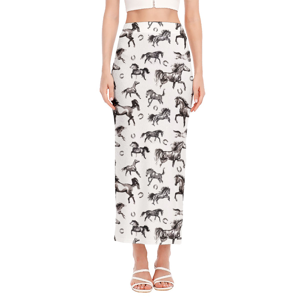 Watercolor Horse Pattern Print Side Slit Maxi Skirt