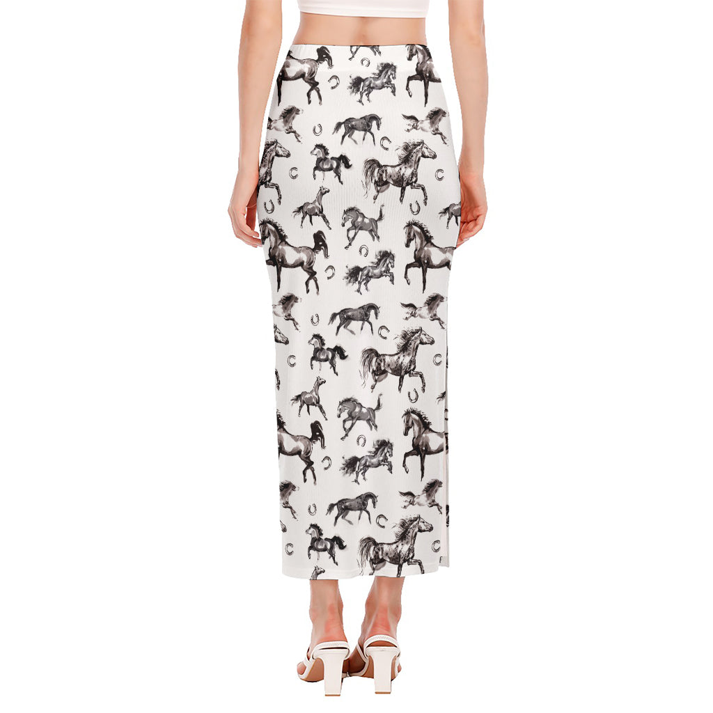 Watercolor Horse Pattern Print Side Slit Maxi Skirt