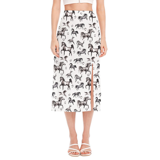 Watercolor Horse Pattern Print Side Slit Midi Skirt