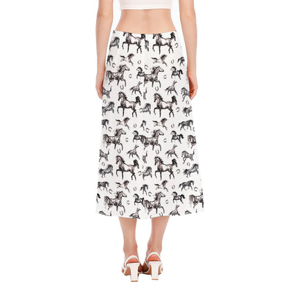 Watercolor Horse Pattern Print Side Slit Midi Skirt