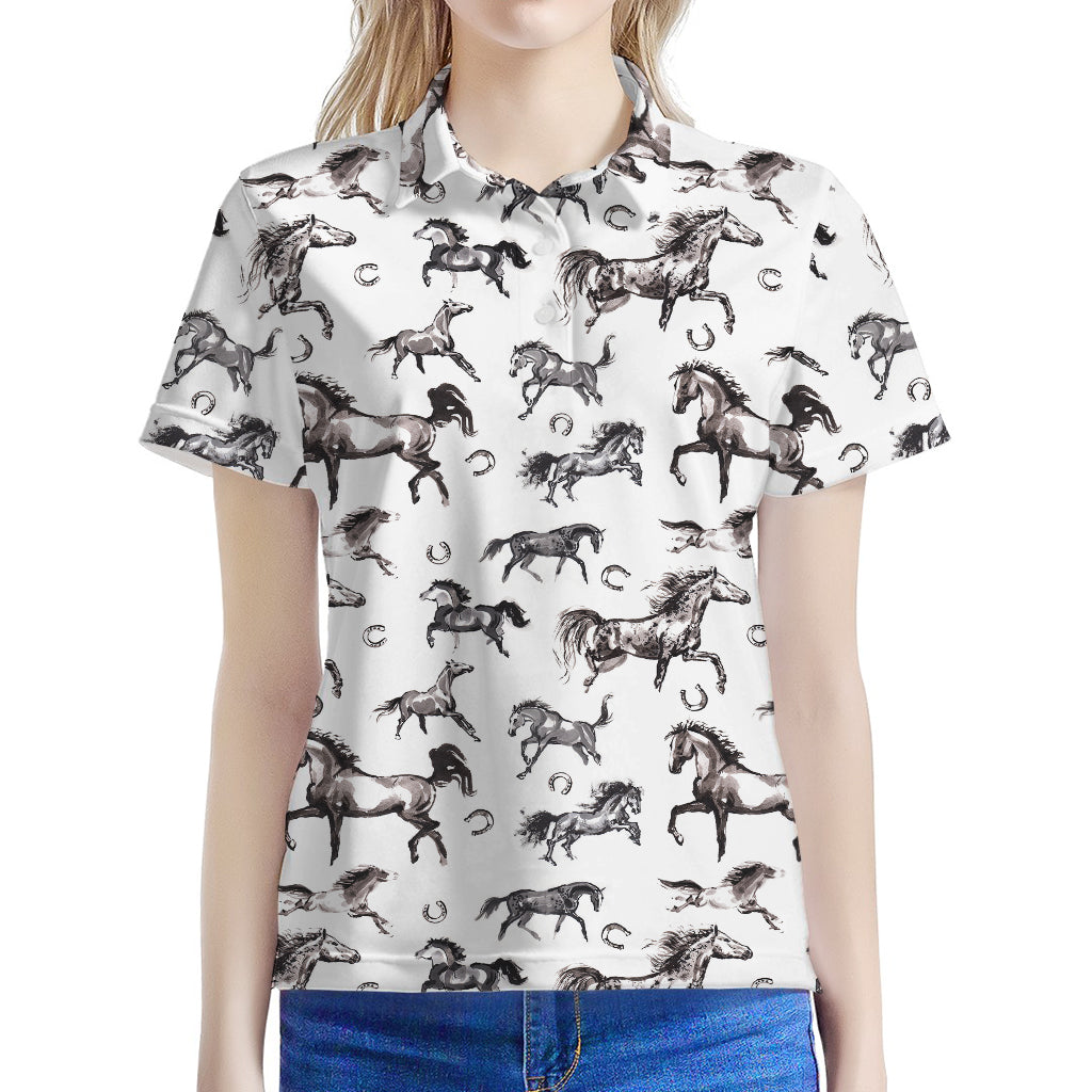 Watercolor Horse Pattern Print Women's Polo Shirt