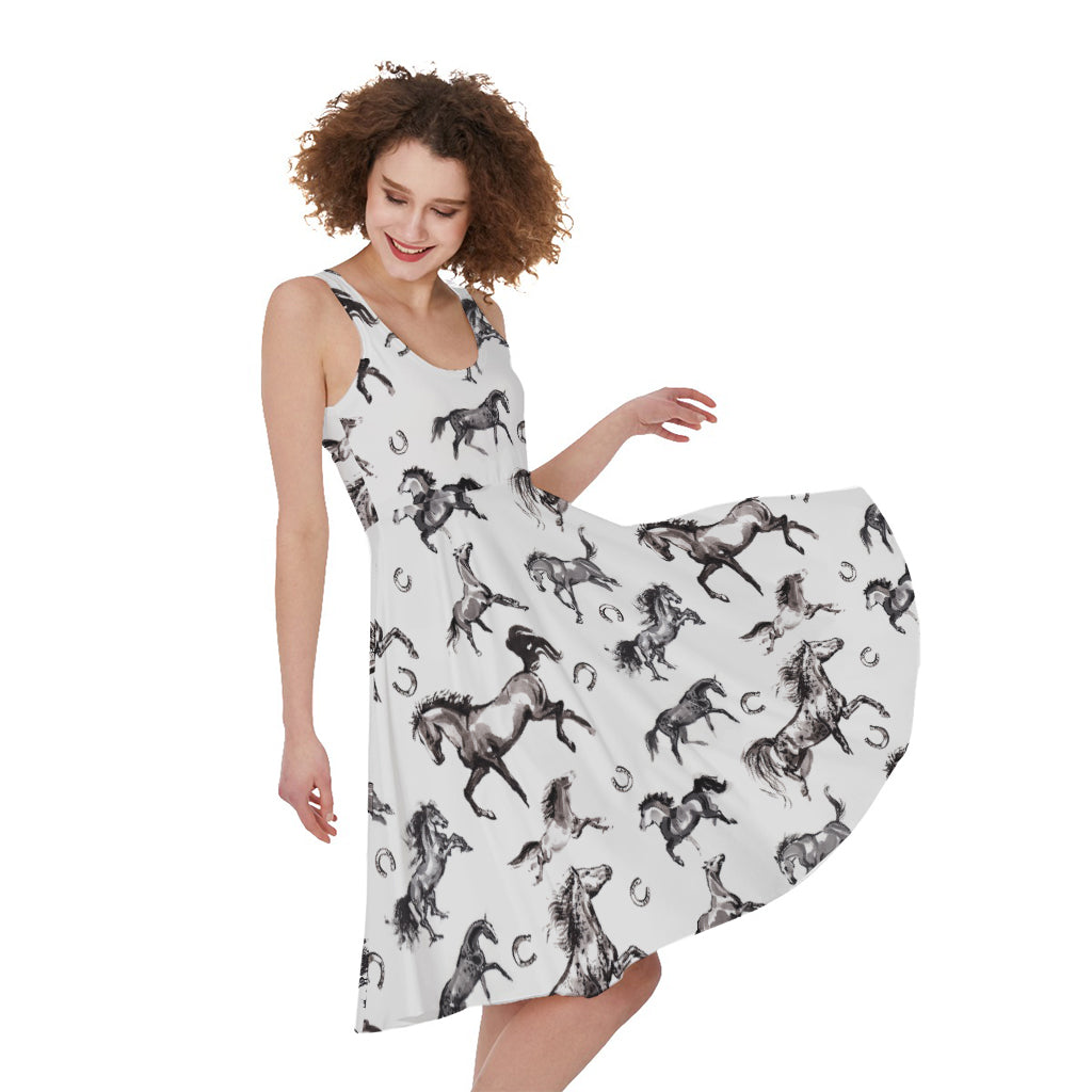 Watercolor Horse Pattern Print Women's Sleeveless Dress