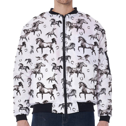 Watercolor Horse Pattern Print Zip Sleeve Bomber Jacket