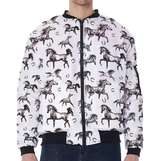 Watercolor Horse Pattern Print Zip Sleeve Bomber Jacket