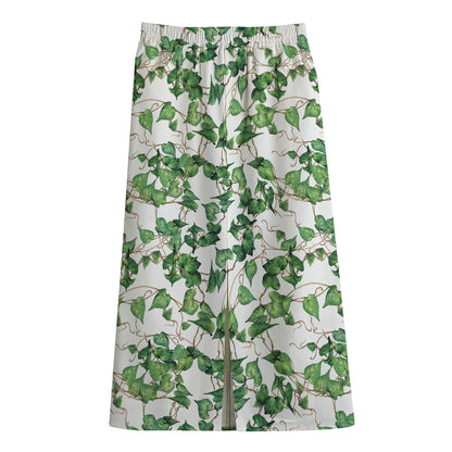 Watercolor Ivy Leaf Pattern Print Cotton Front Slit Maxi Skirt