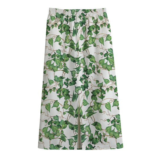 Watercolor Ivy Leaf Pattern Print Cotton Front Slit Maxi Skirt
