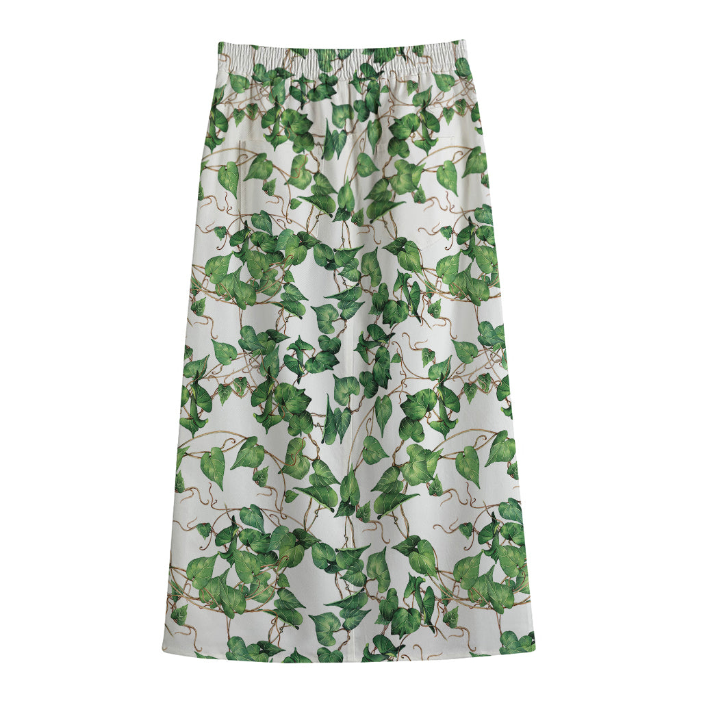 Watercolor Ivy Leaf Pattern Print Cotton Front Slit Maxi Skirt