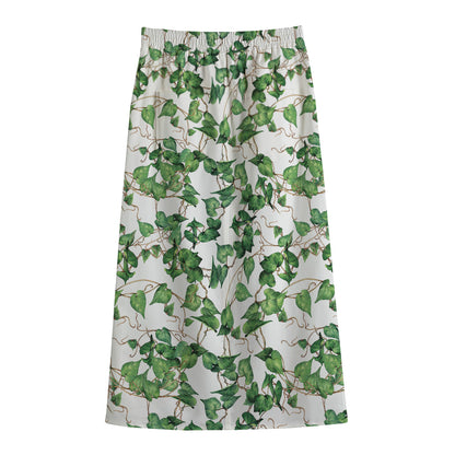 Watercolor Ivy Leaf Pattern Print Cotton Front Slit Maxi Skirt