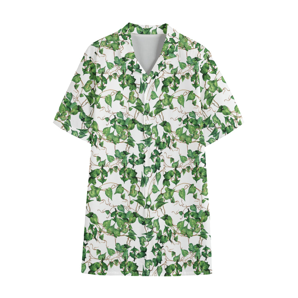 Watercolor Ivy Leaf Pattern Print Cotton Hawaiian Shirt