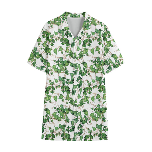 Watercolor Ivy Leaf Pattern Print Cotton Hawaiian Shirt