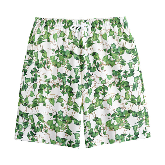 Watercolor Ivy Leaf Pattern Print Cotton Shorts