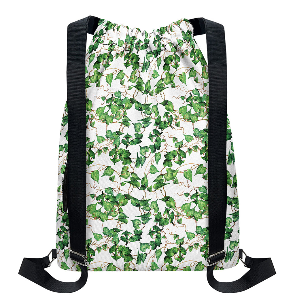 Watercolor Ivy Leaf Pattern Print Drawstring Backpack