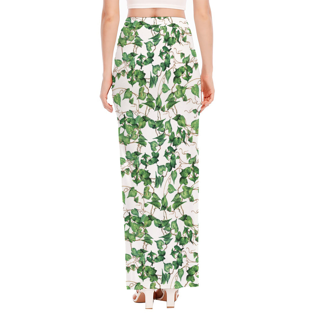 Watercolor Ivy Leaf Pattern Print High Slit Maxi Skirt