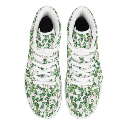 Watercolor Ivy Leaf Pattern Print High Top Leather Sneakers