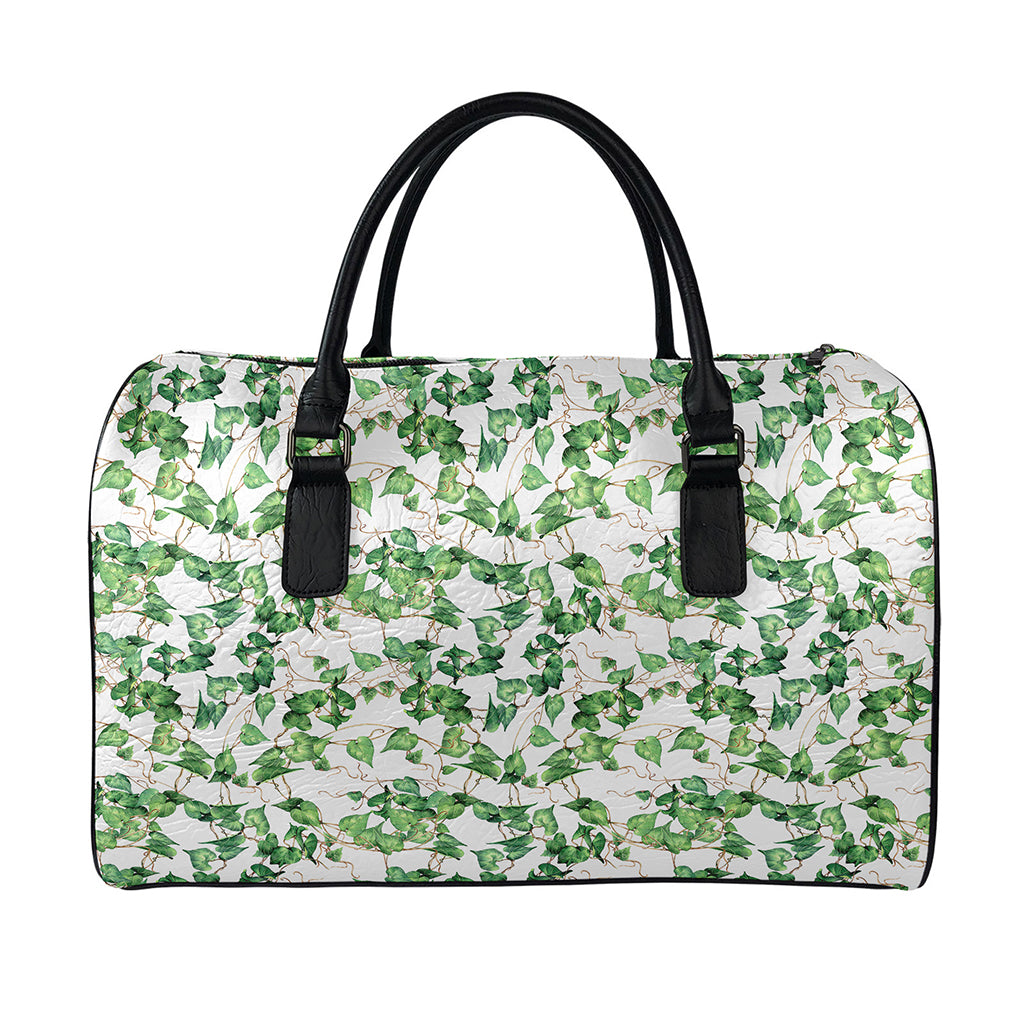 Watercolor Ivy Leaf Pattern Print Leather Duffle Bag