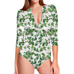 Watercolor Ivy Leaf Pattern Print Long Sleeve Swimsuit