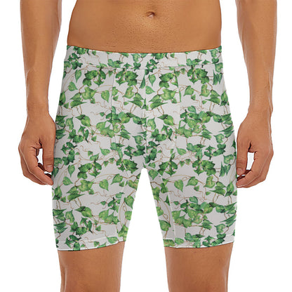 Watercolor Ivy Leaf Pattern Print Men's Long Boxer Briefs