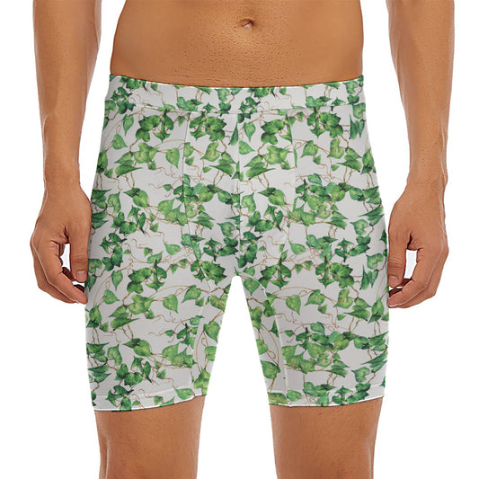 Watercolor Ivy Leaf Pattern Print Men's Long Boxer Briefs