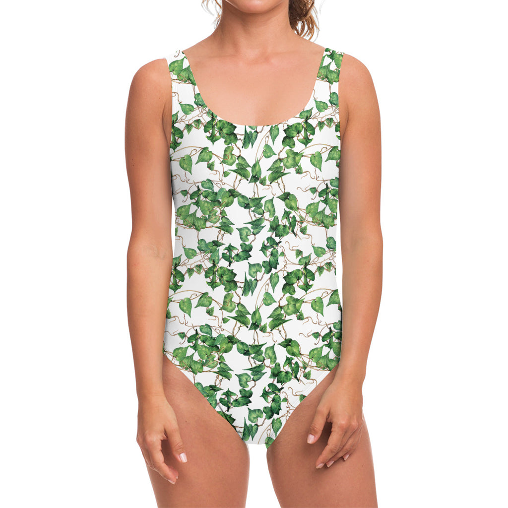 Watercolor Ivy Leaf Pattern Print One Piece Swimsuit