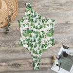 Watercolor Ivy Leaf Pattern Print One Shoulder Bodysuit