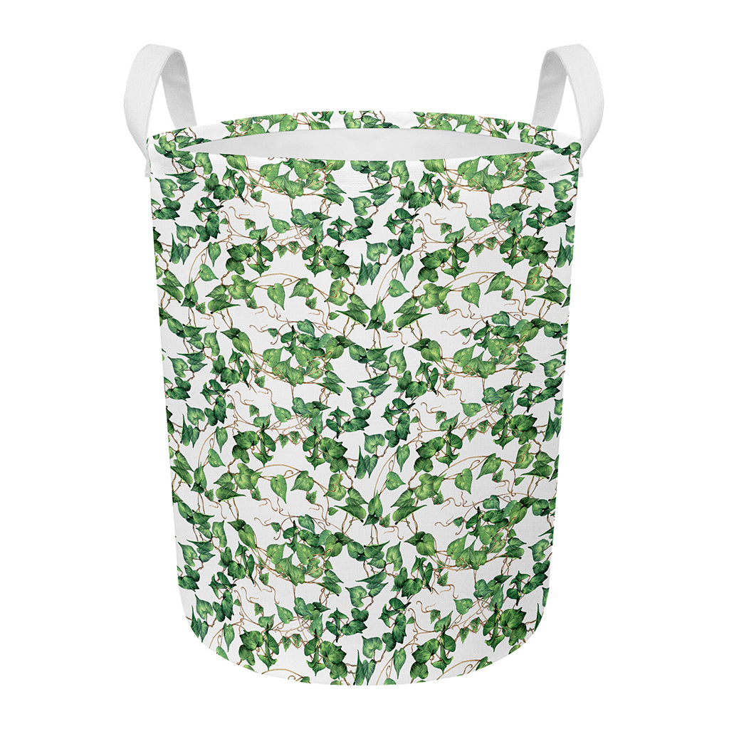 Watercolor Ivy Leaf Pattern Print Round Laundry Basket