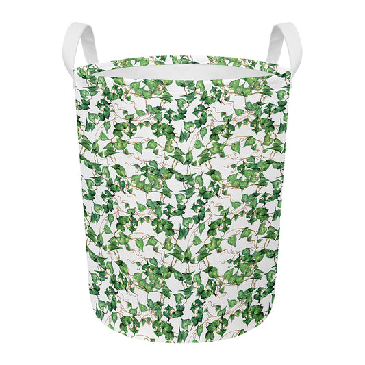 Watercolor Ivy Leaf Pattern Print Round Laundry Basket