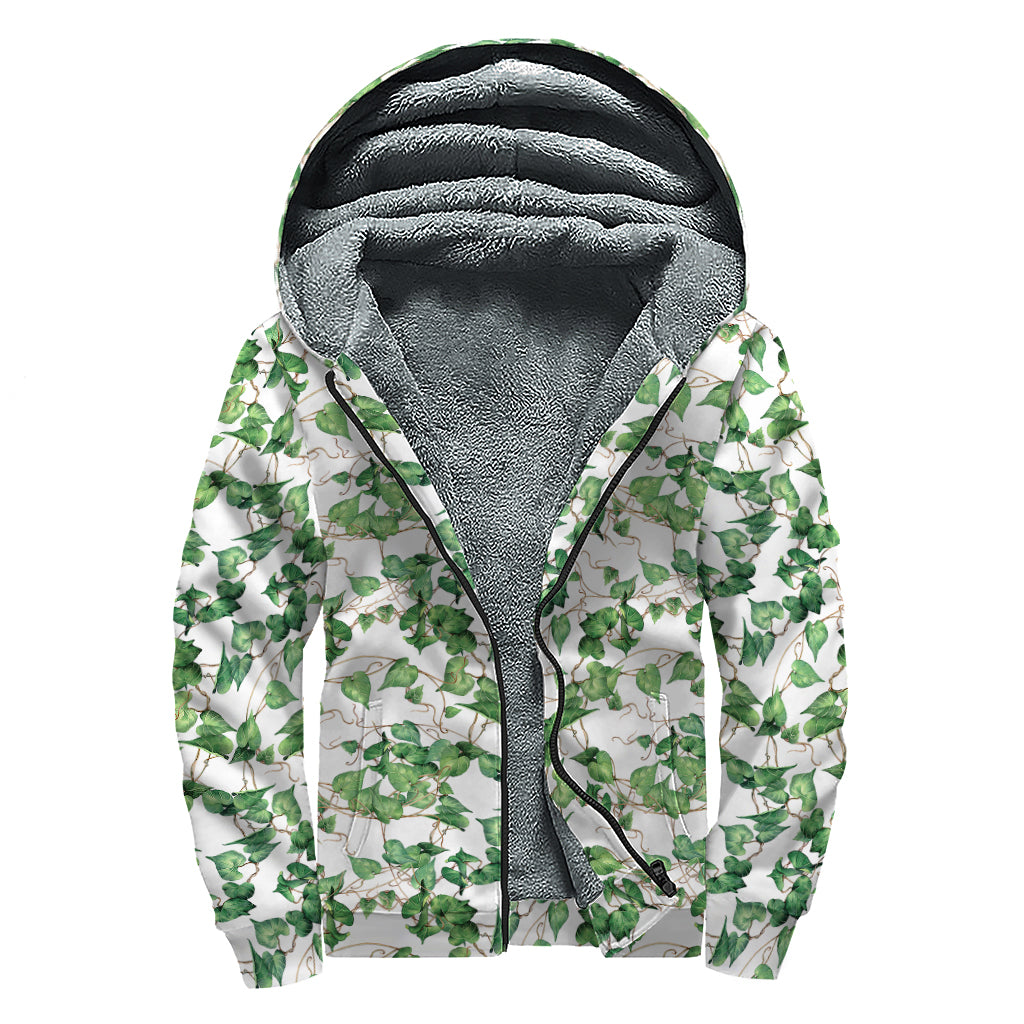 Watercolor Ivy Leaf Pattern Print Sherpa Lined Zip Up Hoodie