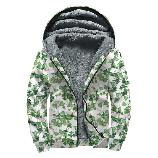 Watercolor Ivy Leaf Pattern Print Sherpa Lined Zip Up Hoodie