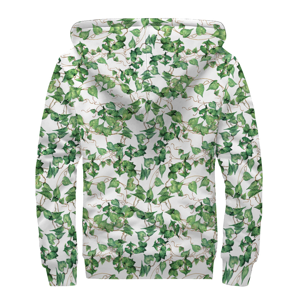 Watercolor Ivy Leaf Pattern Print Sherpa Lined Zip Up Hoodie