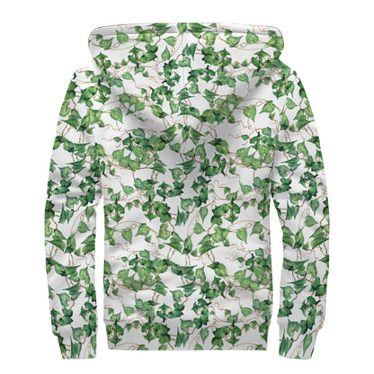 Watercolor Ivy Leaf Pattern Print Sherpa Lined Zip Up Hoodie