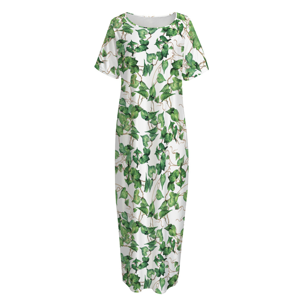 Watercolor Ivy Leaf Pattern Print Short Sleeve Long Nightdress