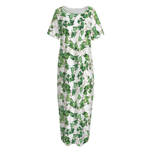 Watercolor Ivy Leaf Pattern Print Short Sleeve Long Nightdress