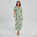 Watercolor Ivy Leaf Pattern Print Short Sleeve Maxi Dress