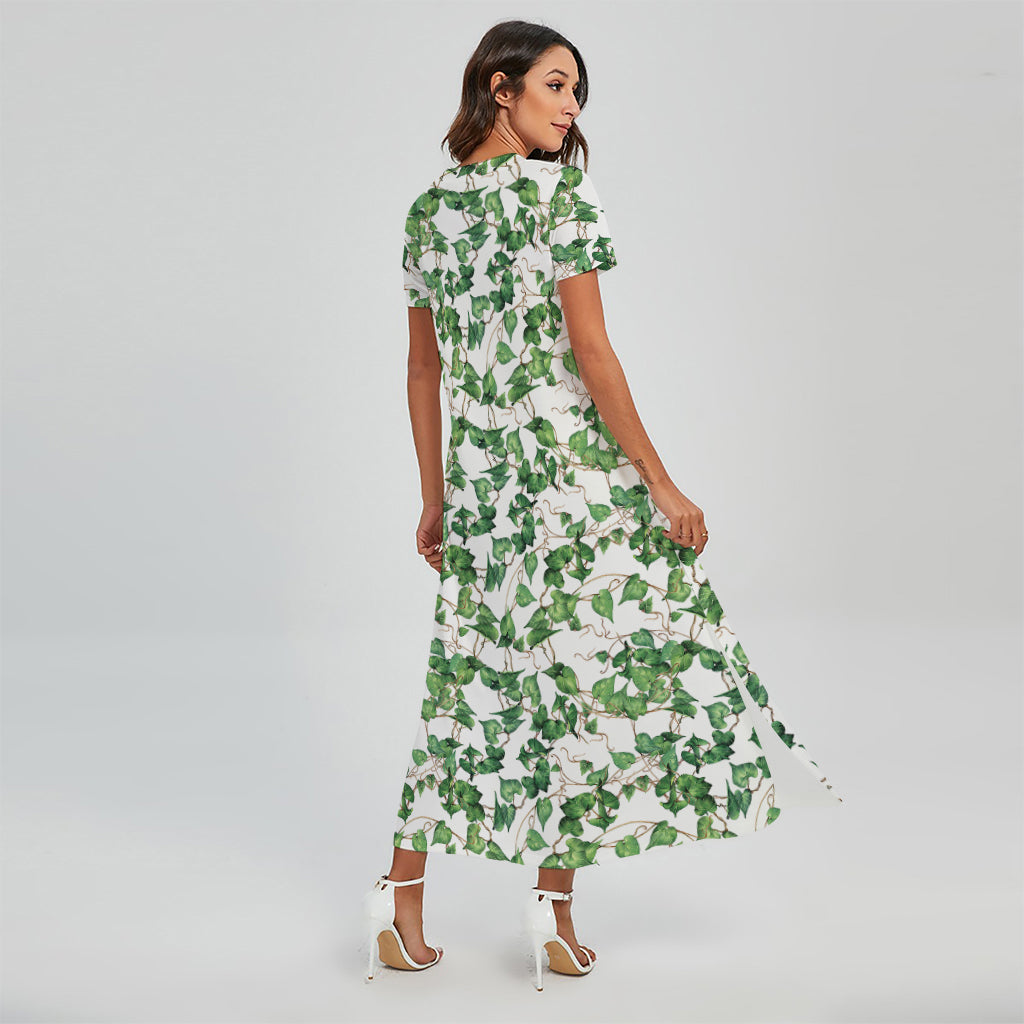 Watercolor Ivy Leaf Pattern Print Short Sleeve Maxi Dress