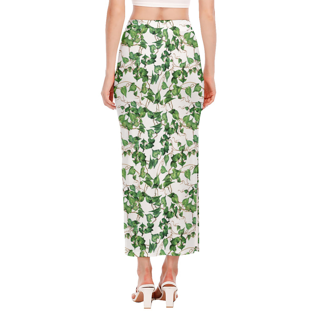 Watercolor Ivy Leaf Pattern Print Side Slit Maxi Skirt