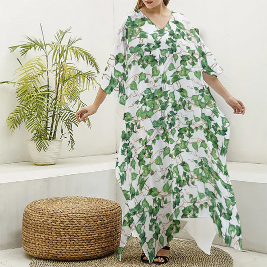 Watercolor Ivy Leaf Pattern Print Silk V-Neck Kaftan Dress