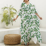 Watercolor Ivy Leaf Pattern Print Silk V-Neck Kaftan Dress