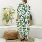 Watercolor Ivy Leaf Pattern Print Silk V-Neck Kaftan Dress