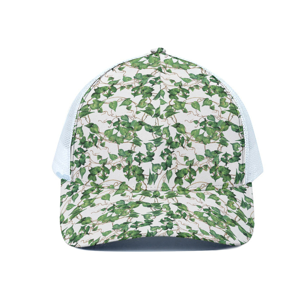 Watercolor Ivy Leaf Pattern Print White Mesh Trucker Cap