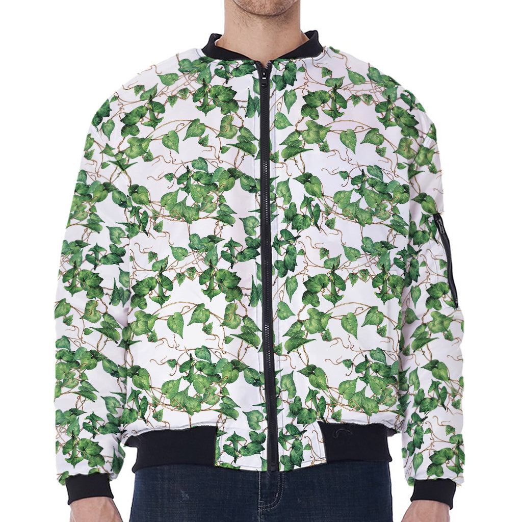 Watercolor Ivy Leaf Pattern Print Zip Sleeve Bomber Jacket