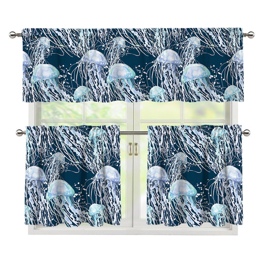 Watercolor Jellyfish Pattern Print 3 Piece Kitchen Curtains