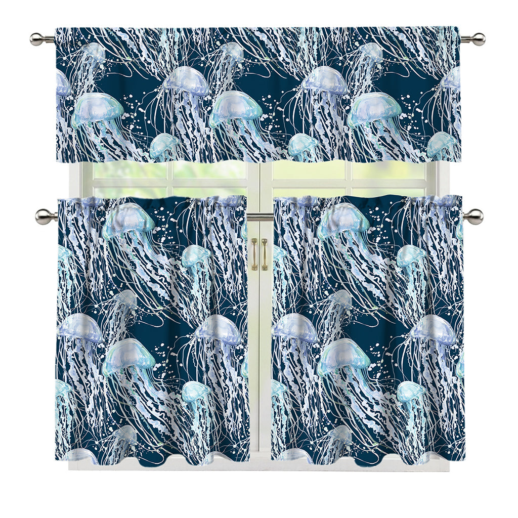 Watercolor Jellyfish Pattern Print 3 Piece Kitchen Curtains