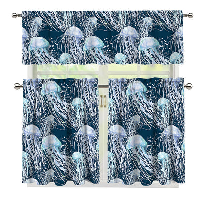 Watercolor Jellyfish Pattern Print 3 Piece Kitchen Curtains