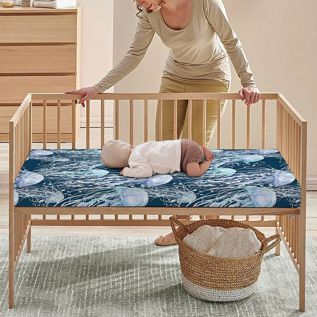 Watercolor Jellyfish Pattern Print Baby Crib Sheet