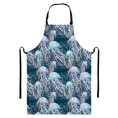 Watercolor Jellyfish Pattern Print Bib Apron With Pocket