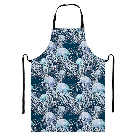 Watercolor Jellyfish Pattern Print Bib Apron With Pocket