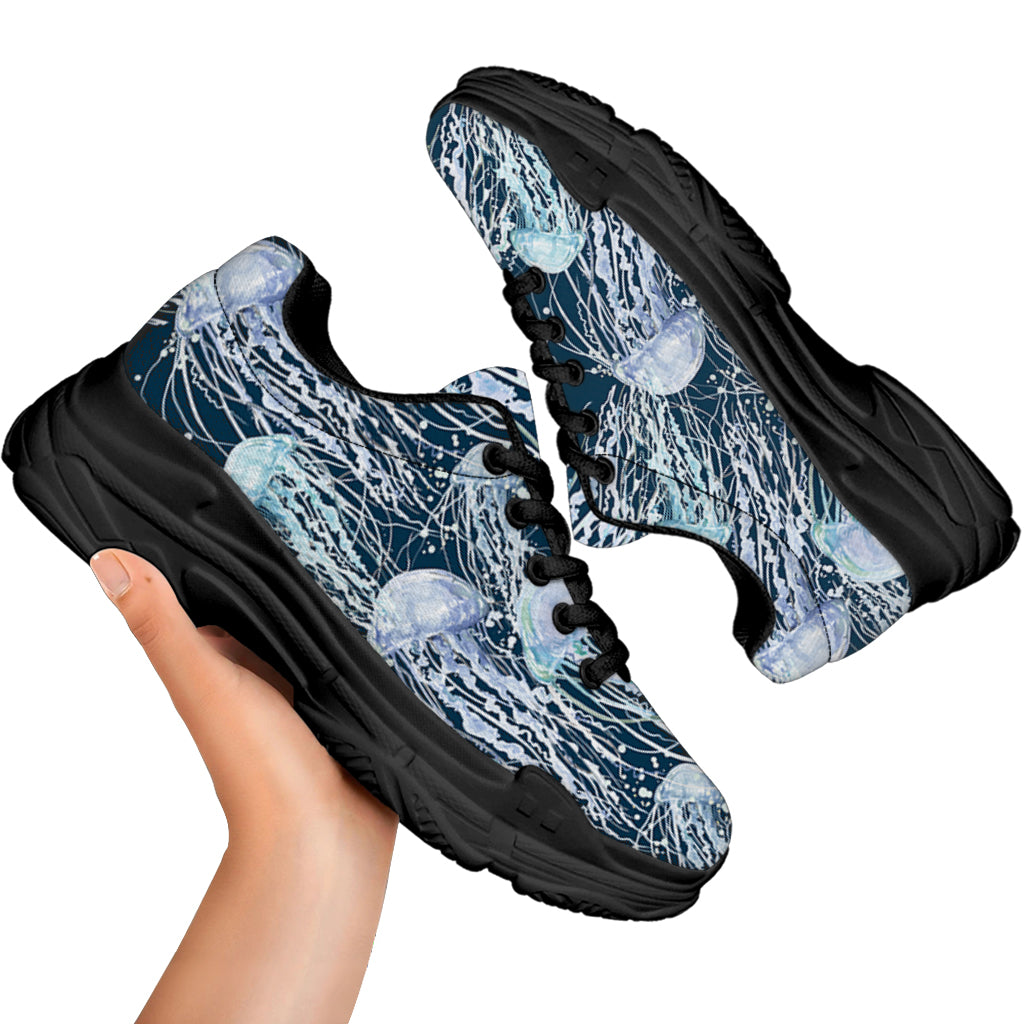 Watercolor Jellyfish Pattern Print Black Chunky Shoes